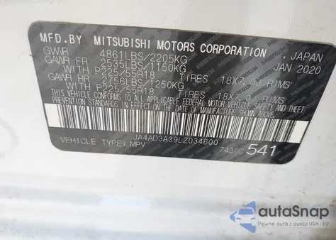 2020 Mitsubishi Outlander Le 2.4/Se 2.4/Sel 2.4/Sp 2.4 from USA, damaged, VIN JA4AD3A39LZ034600